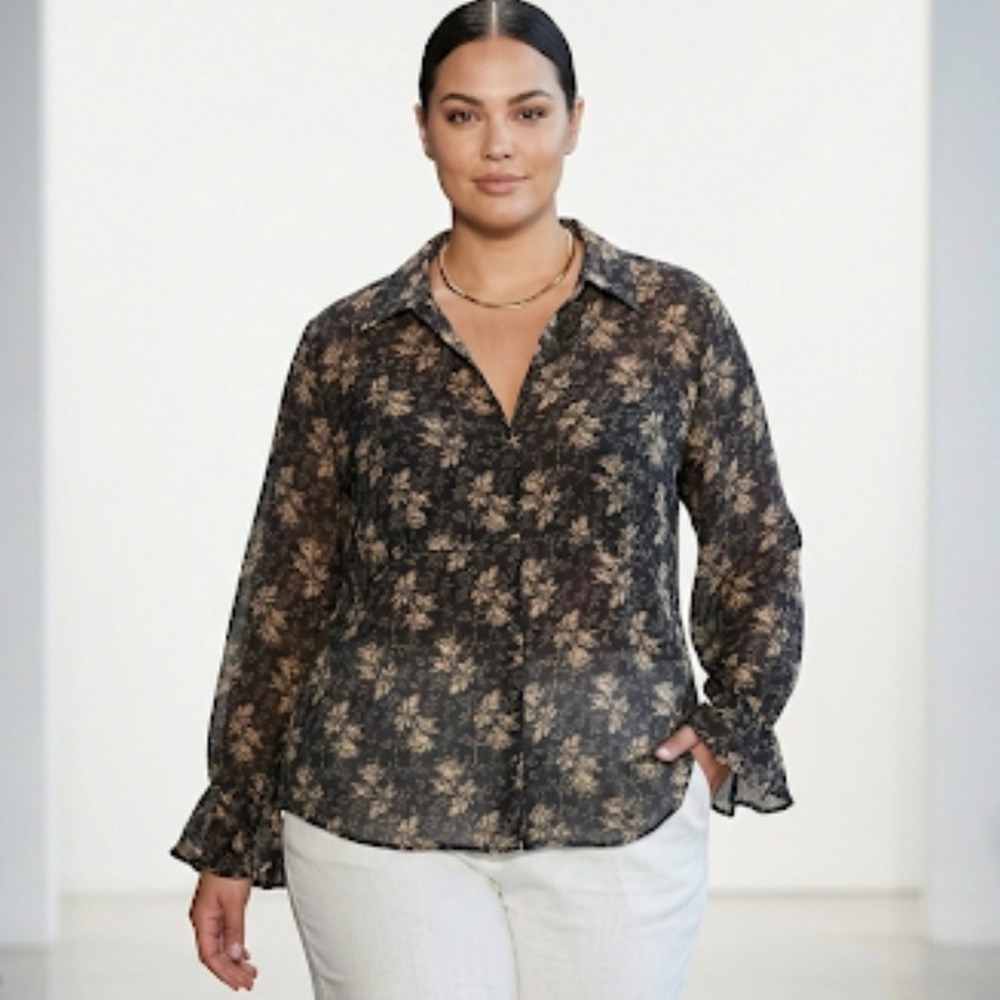 Lane Bryant 100% Silk Floral Blouse Black Gold Ruffle Cuff Plus Size 18/20